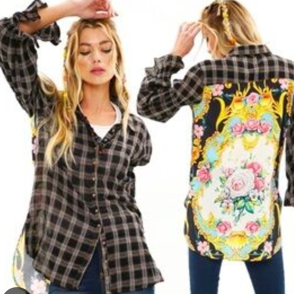 Aratta Tops - Aratta Black Plaid and Floral Button Down Shirt Upcycled Small PTP 19